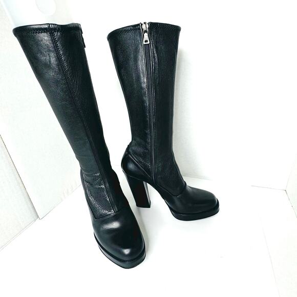 Prada Vintage Black Leather Sock Boots Size 38.5 High Block Heel Stretch Shaft - Picture 9 of 12